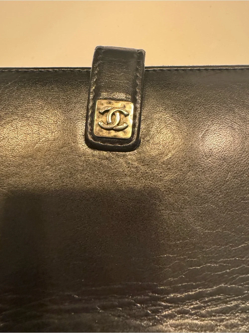 CHANEL Black Leather Long Wallet with CC Button Strap